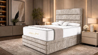 Crushed Velvet Champagne - Monaco Luxe Luxury Divan Bed – Premium Upholstered Panelled Headboard with Storage