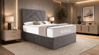 Naples Slate Grey - Aurelia Geometric Luxe Divan Bed with Statement Panelled Headboard & Storage