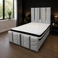 Naples Silver - Chevronne Luxury Chevron Panel Bed – Designer Upholstered Bed Frame with Metallic Inlay Detailing