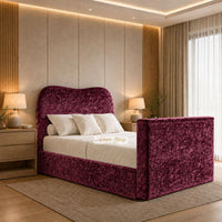 Crushed Velvet Aubergine - Serene Luxury Curved TV Bed – Designer Upholstered Bed Frame with Integrated TV Footboard