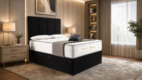 Plush Velvet Black - Kensington Grande Luxury Divan Bed – Premium Upholstered Bed Frame with Tall Vertical Panel Headboard