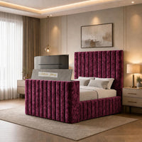 Crushed Velvet Aubergine - Mayfair Luxury Channelled TV Bed – Premium Upholstered Bed Frame with Integrated TV Footboard