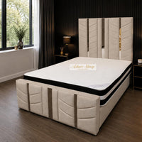 Naples Beige - Chevronne Luxury Chevron Panel Bed – Designer Upholstered Bed Frame with Metallic Inlay Detailing