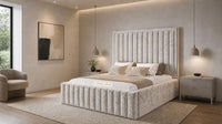 Crushed Velvet Champagne - Savoy Luxury Panel Bed – Premium Upholstered Bed Frame with Grand Framed Headboard