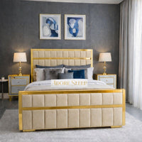 Naples Cream - Aurelius Linear Upholstered Designer Bed | Luxury Gold Frame Statement Bed
