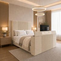Naples Sand - Knightsbridge Luxury Fluted TV Bed – Designer Upholstered Bed Frame with Integrated TV Footboard