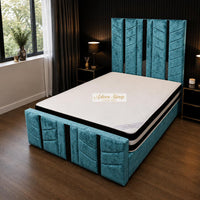 Crushed Velvet Teal - Chevronne Luxury Chevron Panel Bed – Designer Upholstered Bed Frame with Metallic Inlay Detailing