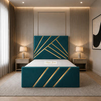 Plush Velvet Teal - Monaco Luxury Geometric Bed – Designer Upholstered Bed Frame with Metallic Inlay Detailing
