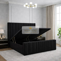 Naples Black - Valmont Luxe Ottoman Divan Bed Frame – Luxury Upholstered Storage Bed with Statement Panelled Headboard