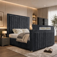 Naples Charcoal - Savoy Luxury Piped Panel TV Bed – Designer Upholstered Bed Frame with Integrated TV Footboard