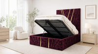 Crushed Velvet Aubergine - Monaco V-Line Luxury Geometric Ottoman Storage Bed