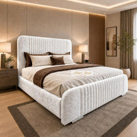 Crushed Velvet White - Beaumont Luxury Fluted Wing Bed – Designer Upholstered Bed Frame with Statement Headboard & Footboard