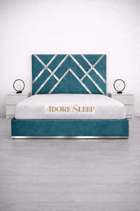 Plush Velvet Teal - Regal Diamond Luxury Panel Bed Frame with Silver Strip – Upholstered