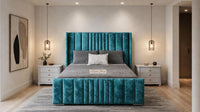 Crushed Velvet Teal - Mayfair Luxury Panelled Bed – Premium Upholstered Bed Frame with Statement Headboard & Footboard