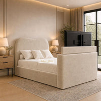 Plush Velvet Beige - Serene Luxury Curved TV Bed – Designer Upholstered Bed Frame with Integrated TV Footboard