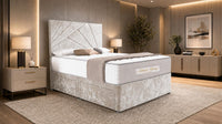 Crushed Velvet Champagne - Aurelia Geometric Luxe Divan Bed with Statement Panelled Headboard & Storage