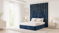 Crushed Velvet Denim Blue - Alisha Gold Strip Grandline Luxury Floor-Standing Ottoman Storage Bed