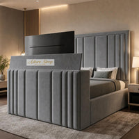Plush Velvet Grey - Belgravia Luxury TV Bed – Statement Panel Upholstered Bed Frame with TV Footboard
