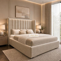 Naples Beige - Harrington Luxury Wingback Bed – Premium Upholstered Bed Frame with Tall Panel Headboard