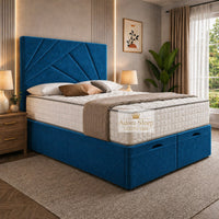 Naples Blue - Meridian Abstract Geometry Ottoman Divan Bed | Luxury Hydraulic Storage Bed Frame