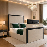 Naples Beige - Claridge Luxury Framed TV Bed – Premium Upholstered Bed Frame with Integrated TV Footboard