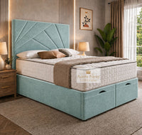 Plush Velvet Duck Egg - Meridian Abstract Geometry Ottoman Divan Bed | Luxury Hydraulic Storage Bed Frame