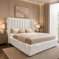 Crushed Velvet White - Harrington Luxury Wingback Bed – Premium Upholstered Bed Frame with Tall Panel Headboard