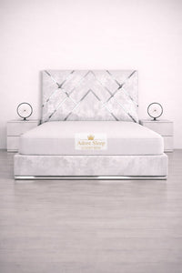 Crushed Velvet White - Regal Diamond Luxury Panel Bed Frame with Silver Strip – Upholstered