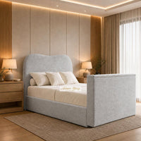 Naples Silver - Serene Luxury Curved TV Bed – Designer Upholstered Bed Frame with Integrated TV Footboard