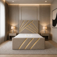 Naples Sand - Monaco Luxury Geometric Bed – Designer Upholstered Bed Frame with Metallic Inlay Detailing