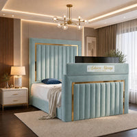 Plush Velvet Duck Egg - Kensington Luxury TV Bed – Upholstered Bed Frame with Statement Panel Headboard & TV Footboard