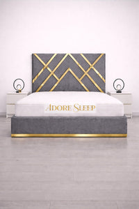 Plush Velvet Grey - Regalia Noir Luxury Upholstered Bed – Geometric Designer Headboard with Metallic Accent Detailing
