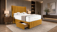 Plush Velvet Mustard Gold - Valentina Vertical Luxe Divan Bed – Channelled Statement Headboard & Storage