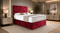 Crushed Velvet Red - Aurelia Geometric Luxe Divan Bed with Statement Panelled Headboard & Storage