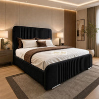 Plush Velvet Black - Beaumont Luxury Fluted Wing Bed – Designer Upholstered Bed Frame with Statement Headboard & Footboard