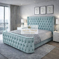 Plush Velvet Duck Egg - Celestine Grandeur Luxury Upholstered Bed – Deep Button Tufted Headboard & Curved Statement Footboard