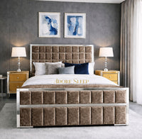Crushed Velvet Mink - Aurelius Linear Upholstered Designer Bed | Luxury Gold Frame Statement Bed