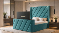 Plush Velvet Teal - Ascot Luxury Diagonal Panel TV Bed – Designer Upholstered Bed Frame with Integrated TV Footboard