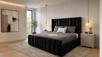 Crushed Velvet Black - Mayfair Luxury Panelled Bed – Premium Upholstered Bed Frame with Statement Headboard & Footboard