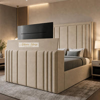 Naples Beige - Belgravia Luxury TV Bed – Statement Panel Upholstered Bed Frame with TV Footboard