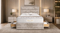 Crushed Velvet Champagne - Monaco Luxe Luxury Divan Bed – Premium Upholstered Panelled Headboard with Storage