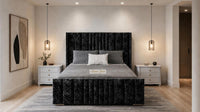 Crushed Velvet Black - Mayfair Luxury Panelled Bed – Premium Upholstered Bed Frame with Statement Headboard & Footboard