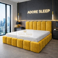 Plush Velvet Mustard Gold - Savoy Aurelia Luxury Upholstered Bed Frame – Sculpted Panel Statement Bed