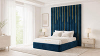 Plush Velvet Sapphire - Alisha Gold Strip Grandline Luxury Floor-Standing Ottoman Storage Bed