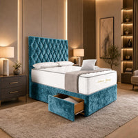 Crushed Velvet Teal - Regency Diamond Luxury Divan Bed – Deep Button-Tufted Headboard with Premium Upholstered Frame & Storage