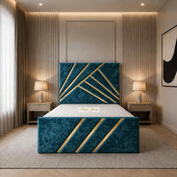 Crushed Velvet Teal - Monaco Luxury Geometric Bed – Designer Upholstered Bed Frame with Metallic Inlay Detailing