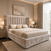 Crushed Velvet Mink - Harrington Luxury Wingback Bed – Premium Upholstered Bed Frame with Tall Panel Headboard