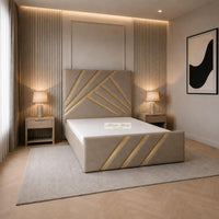 Naples Sand - Monaco Luxury Geometric Bed – Designer Upholstered Bed Frame with Metallic Inlay Detailing