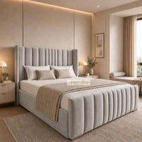 Plush Velvet Silver - Grosvenor Luxury Winged Panel Bed – Designer Upholstered Bed Frame with Statement Headboard & Footboard