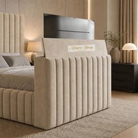 Naples Beige - Mayfair Luxury Channelled TV Bed – Premium Upholstered Bed Frame with Integrated TV Footboard